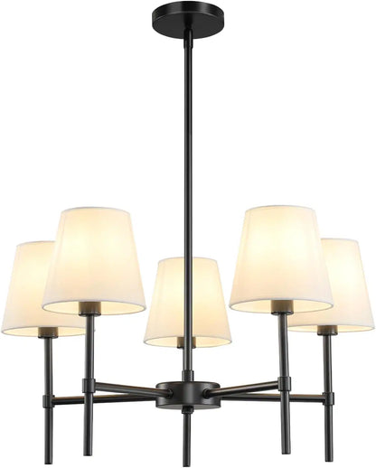 5-Light Black Modern Chandelier with White Fabric Shade