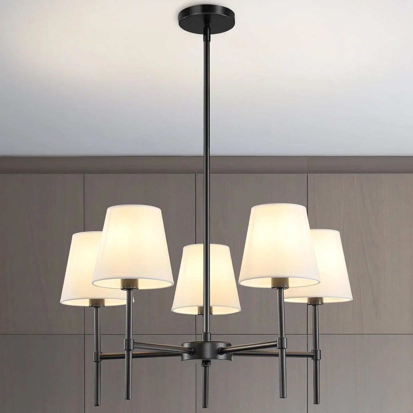 5-Light Black Modern Chandelier with White Fabric Shade