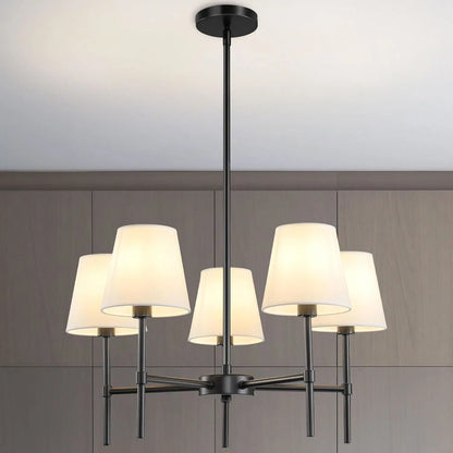 5-Light Black Modern Chandelier with White Fabric Shade