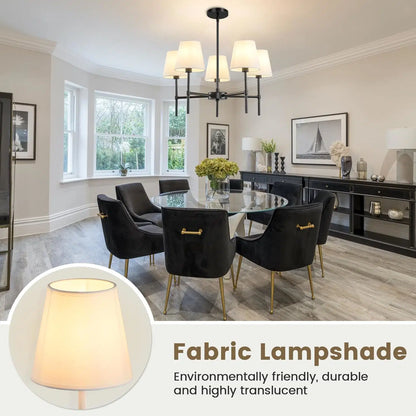 5-Light Black Modern Chandelier with White Fabric Shade