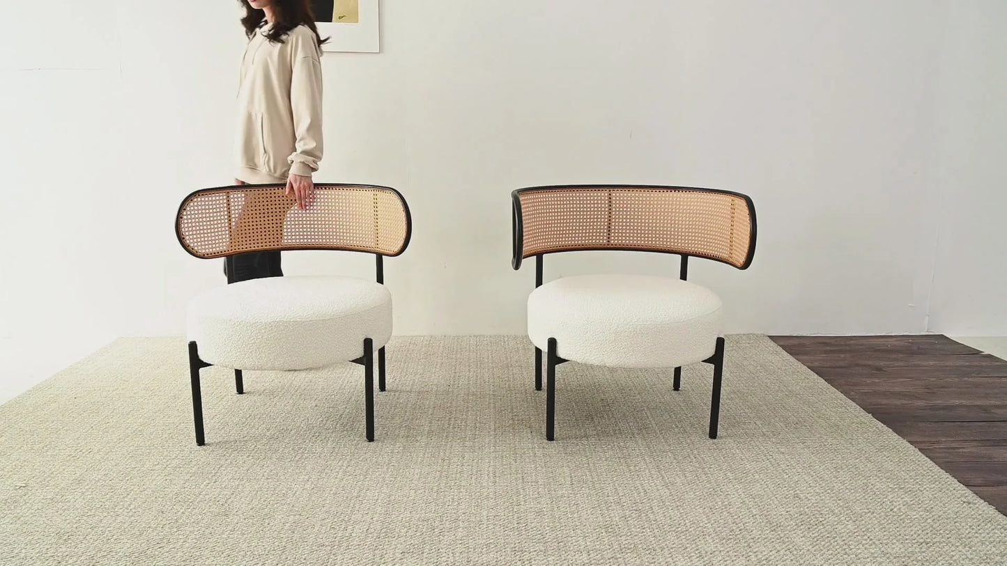 Boucle Metal Chair with Rattan Back and Round Top