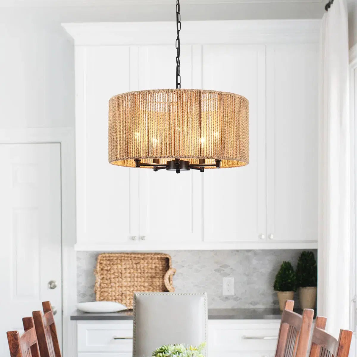 5-Light Handwoven Drum Chandelier – Rattan & Rope Pendant Light