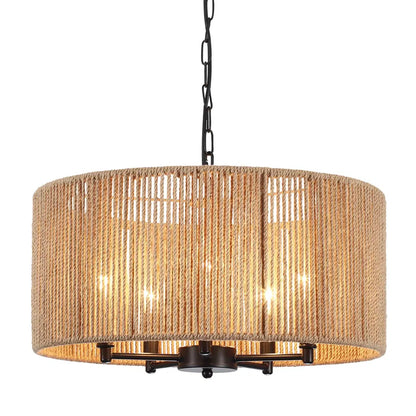 5-Light Handwoven Drum Chandelier – Rattan & Rope Pendant Light