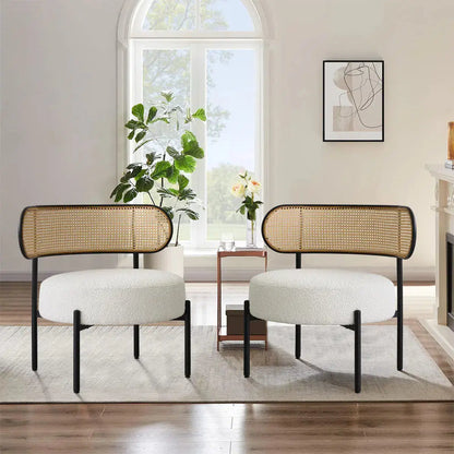 Boucle Metal Chair with Rattan Back and Round Top