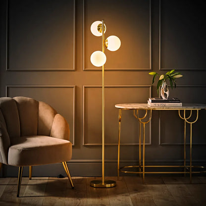 Jas Modern Gold Floor Lamp with Frosted Glass Globe Shades