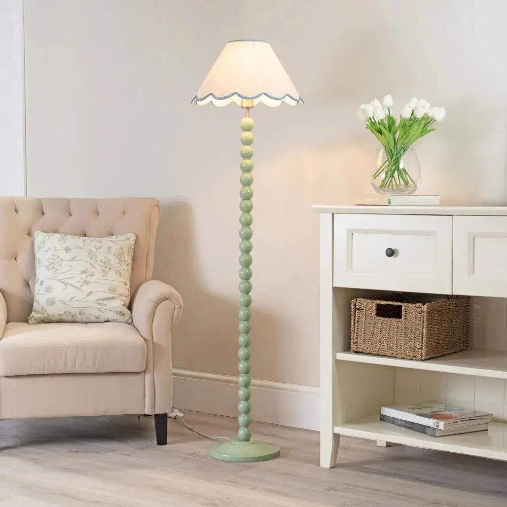 Bobbins Sage Green Floor Lamp with Tapered Natural Linen Scallop Shade