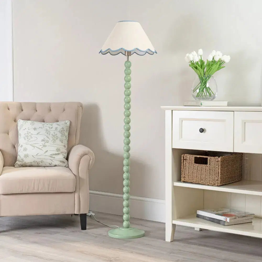 Bobbins Sage Green Floor Lamp with Tapered Natural Linen Scallop Shade