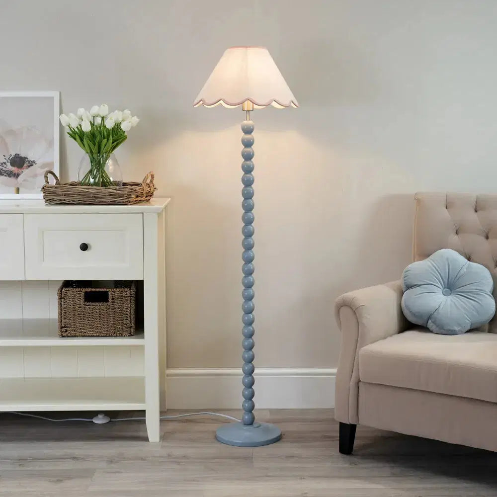 Bobbins Powder Blue Floor Lamp – Natural Linen Scallop Shade